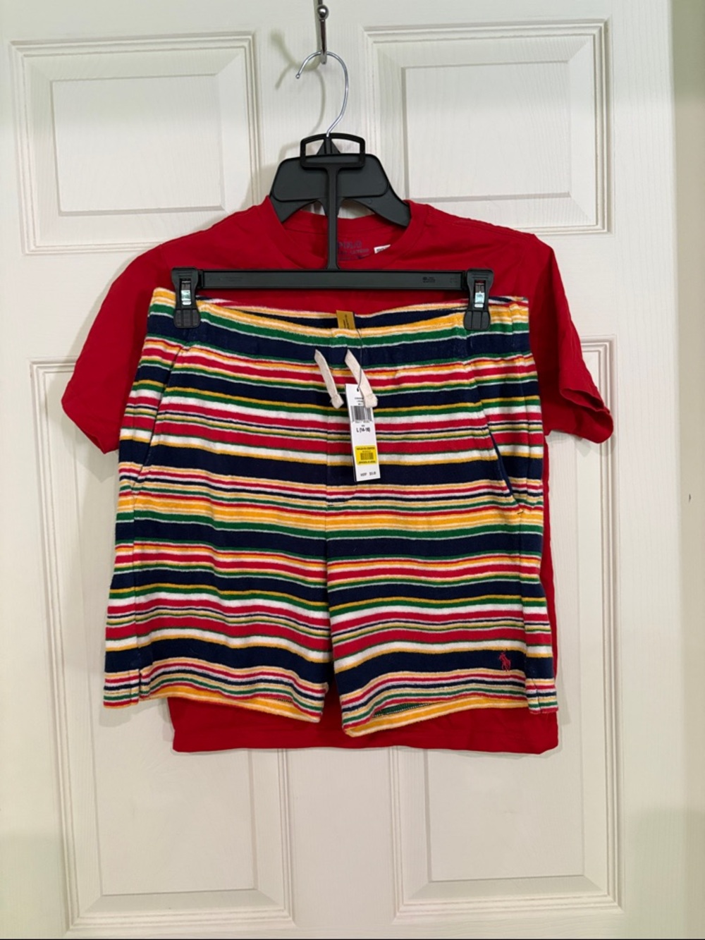 Polo by Ralph Lauren Striped Terry Cloth Shorts and Red Tee